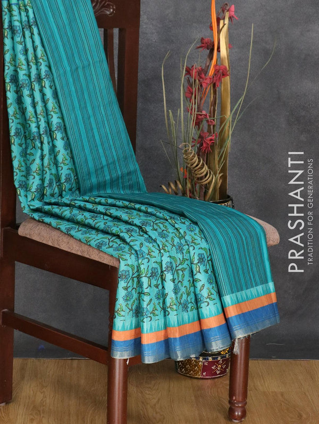 Semi matka silk saree teal blue and blue with allover floral prints and small zari woven border - {{ collection.title }} by Prashanti Sarees