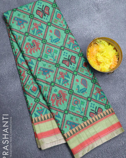 Semi matka silk saree teal blue and light green with allover ikat prints and small zari woven border - {{ collection.title }} by Prashanti Sarees