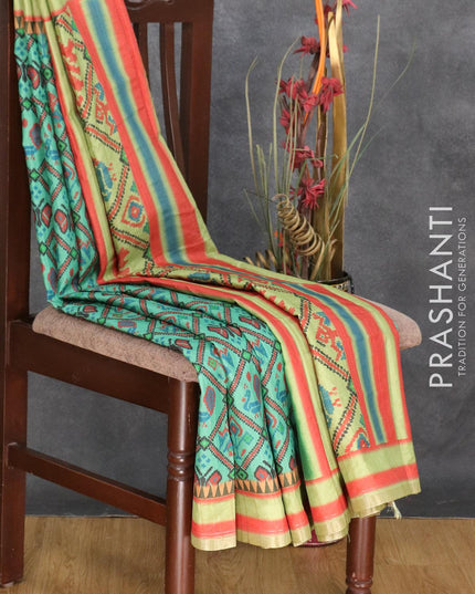 Semi matka silk saree teal blue and light green with allover ikat prints and small zari woven border - {{ collection.title }} by Prashanti Sarees