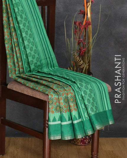 Semi matka silk saree teal green and green with allover ajrakh prints and small zari woven border - {{ collection.title }} by Prashanti Sarees