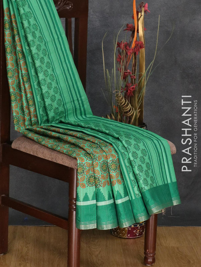 Semi matka silk saree teal green and green with allover ajrakh prints and small zari woven border - {{ collection.title }} by Prashanti Sarees