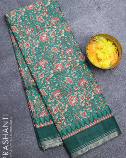Semi matka silk saree teal green and green with allover floral prints and temple design small zari woven border - {{ collection.title }} by Prashanti Sarees