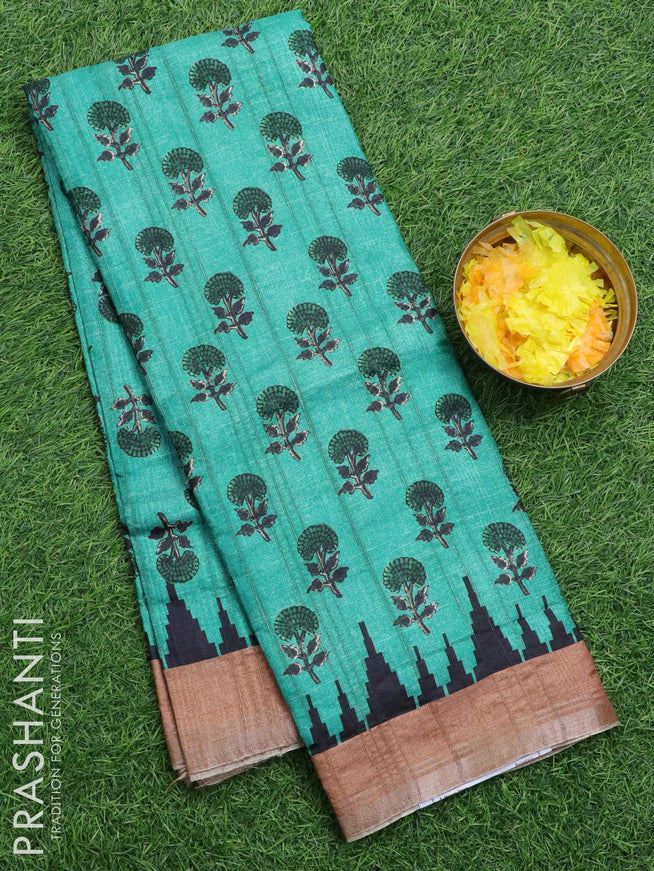 Semi matka silk saree teal green and rust shade with allover floral butta prints and temple design small zari woven border - {{ collection.title }} by Prashanti Sarees
