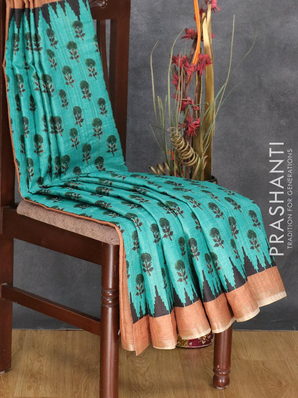 Semi matka silk saree teal green and rust shade with allover floral butta prints and temple design small zari woven border - {{ collection.title }} by Prashanti Sarees