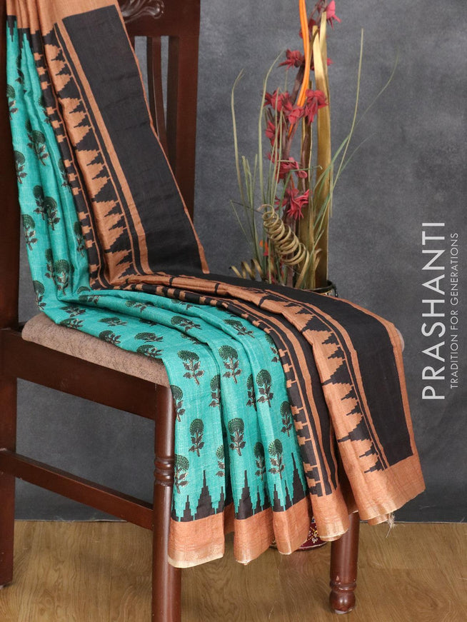 Semi matka silk saree teal green and rust shade with allover floral butta prints and temple design small zari woven border - {{ collection.title }} by Prashanti Sarees