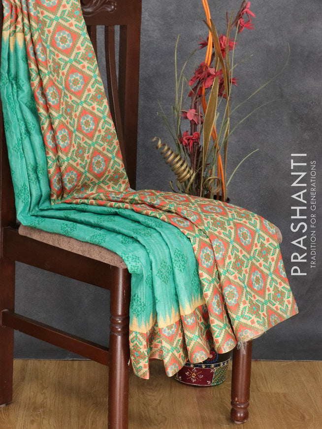 Semi matka silk saree teal green and sandal with allover geometric prints and printed zari woven border - {{ collection.title }} by Prashanti Sarees