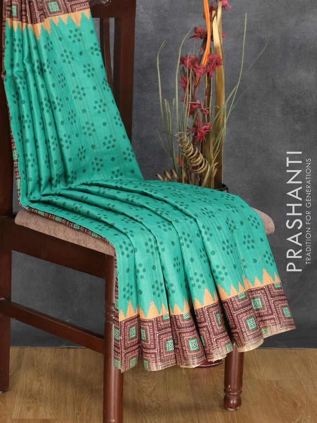Semi matka silk saree teal green and sandal with allover prints and printed zari woven border - {{ collection.title }} by Prashanti Sarees