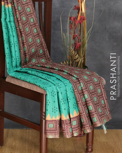 Semi matka silk saree teal green and sandal with allover prints and printed zari woven border - {{ collection.title }} by Prashanti Sarees
