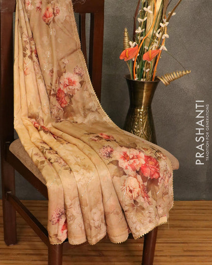 Semi organza saree beige with allover floral digital prints and gotapatti lace work - {{ collection.title }} by Prashanti Sarees