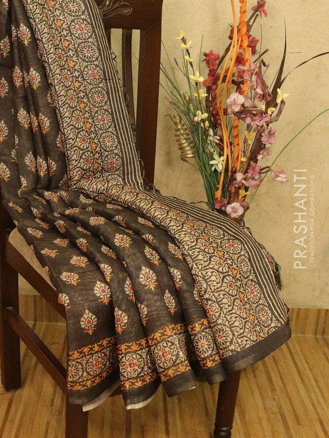 Semi organza saree black shade with floral prints and printed border - {{ collection.title }} by Prashanti Sarees