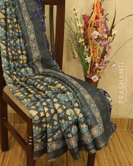 Semi organza saree blue with floral prints and printed border - {{ collection.title }} by Prashanti Sarees