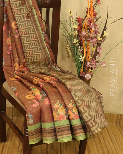 Semi organza saree brown and green with floral prints and printed border - {{ collection.title }} by Prashanti Sarees