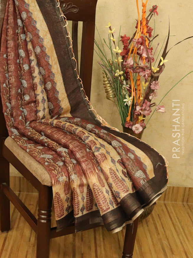 Semi organza saree brown shade with all over prints and simple border - {{ collection.title }} by Prashanti Sarees