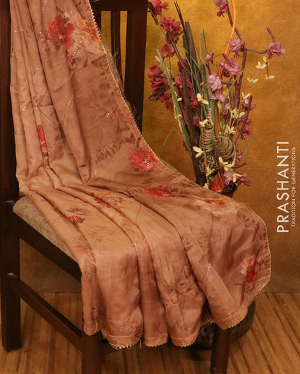 Semi organza saree dark beige with allover floral digital prints and gotapatti lace work - IBP10770 - {{ collection.title }} by Prashanti Sarees