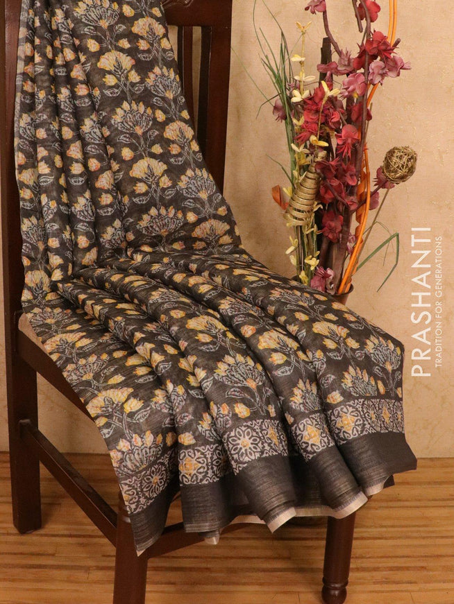 Semi organza saree elephant grey with floral prints and printed border - {{ collection.title }} by Prashanti Sarees