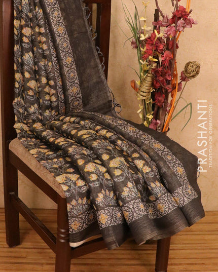 Semi organza saree elephant grey with floral prints and printed border - {{ collection.title }} by Prashanti Sarees