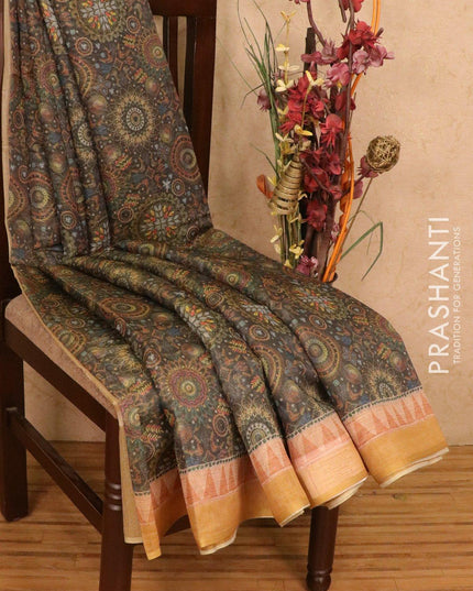 Semi organza saree green and mustard with all over prints and printed border - {{ collection.title }} by Prashanti Sarees