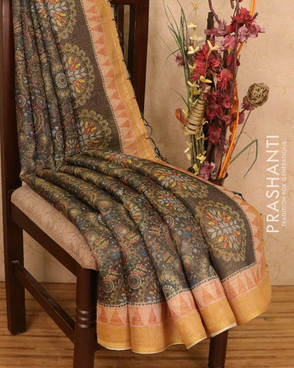 Semi organza saree green and mustard with all over prints and printed border - {{ collection.title }} by Prashanti Sarees