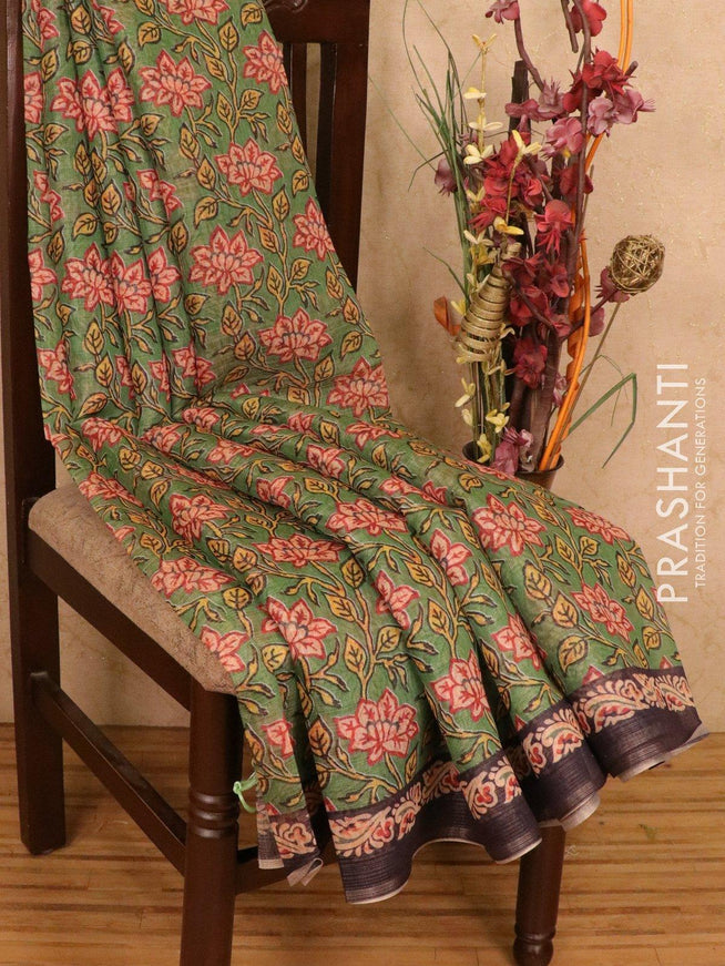 Semi organza saree green with all over prints and simple border - {{ collection.title }} by Prashanti Sarees