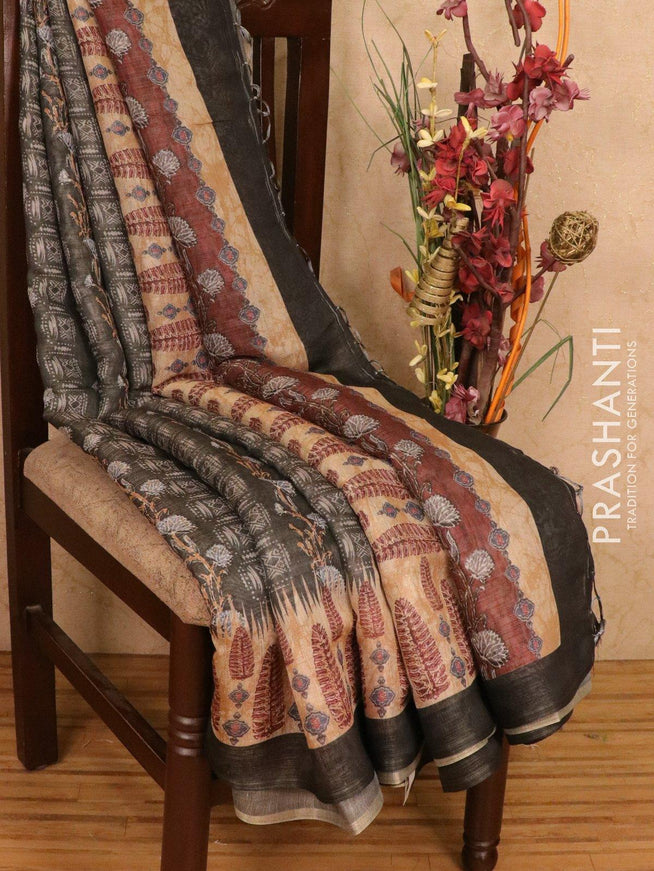 Semi organza saree grey and beige with all over prints and simple border - {{ collection.title }} by Prashanti Sarees