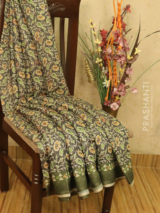 Semi organza saree grey and green with all over prints and simple border - {{ collection.title }} by Prashanti Sarees