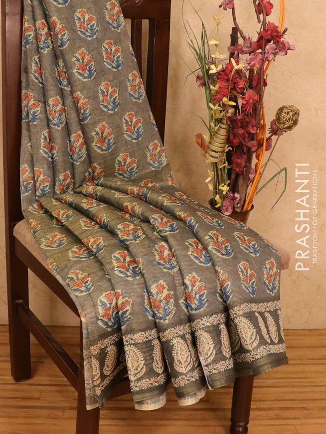 Semi organza saree grey shade with floral prints and printed border - {{ collection.title }} by Prashanti Sarees
