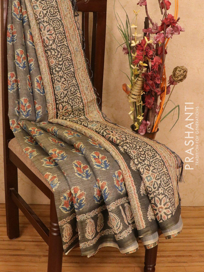 Semi organza saree grey shade with floral prints and printed border - {{ collection.title }} by Prashanti Sarees