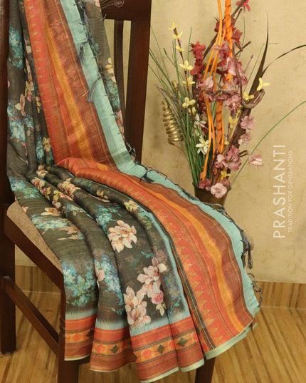 Semi organza saree grey with floral prints and printed border - {{ collection.title }} by Prashanti Sarees