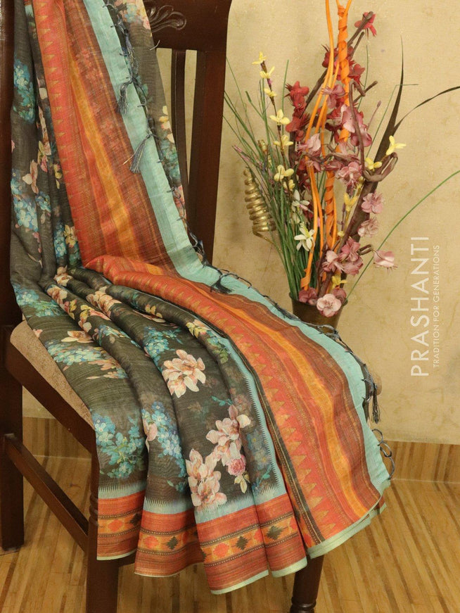 Semi organza saree grey with floral prints and printed border - {{ collection.title }} by Prashanti Sarees