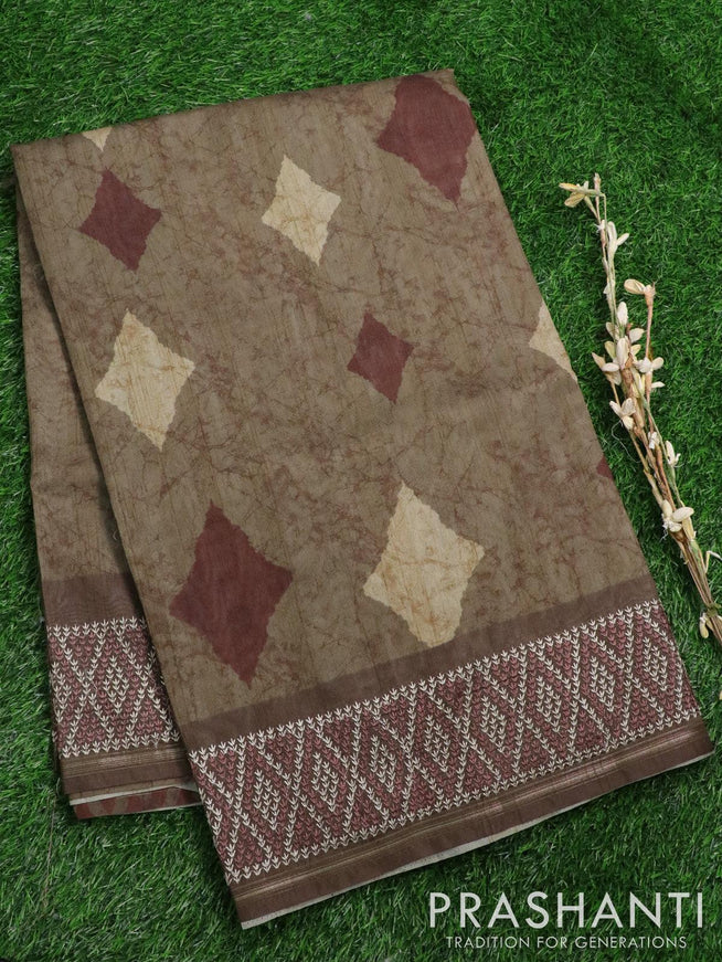 Semi organza saree olive green with allover prints and embroidery work border - {{ collection.title }} by Prashanti Sarees