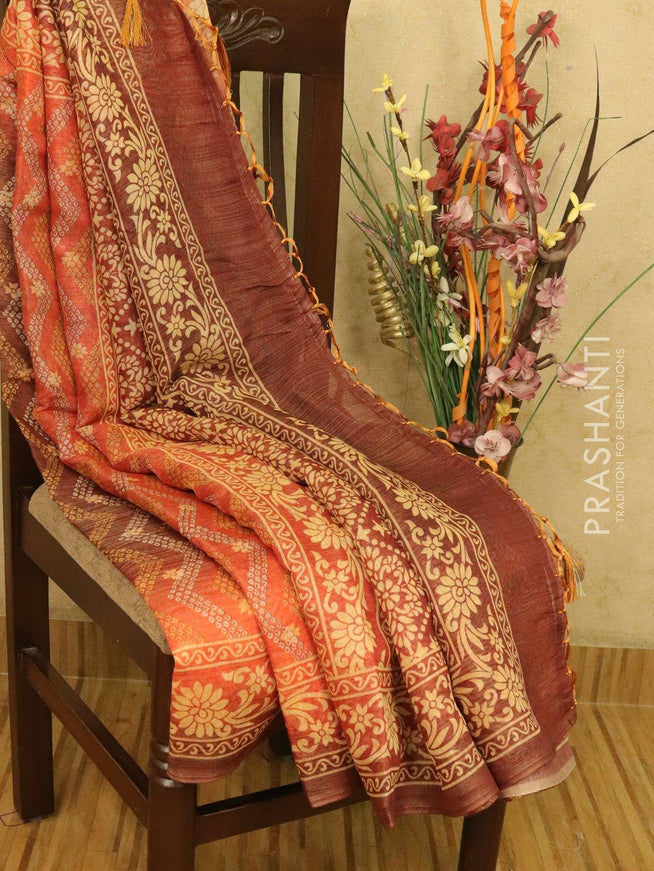 Semi organza saree orange shade with all over prints and printed border - {{ collection.title }} by Prashanti Sarees