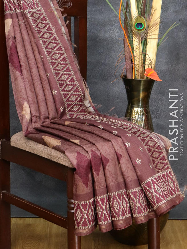 Semi organza saree pastel maroon shade with allover prints and embroidery work border - {{ collection.title }} by Prashanti Sarees