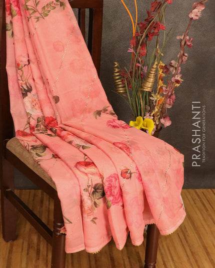 Semi organza saree peach pink with allover floral digital prints and gotapatti lace work - {{ collection.title }} by Prashanti Sarees
