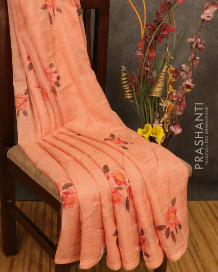 Semi organza saree peach shade with allover floral digital prints and gotapatti lace work - IBP10748 - {{ collection.title }} by Prashanti Sarees