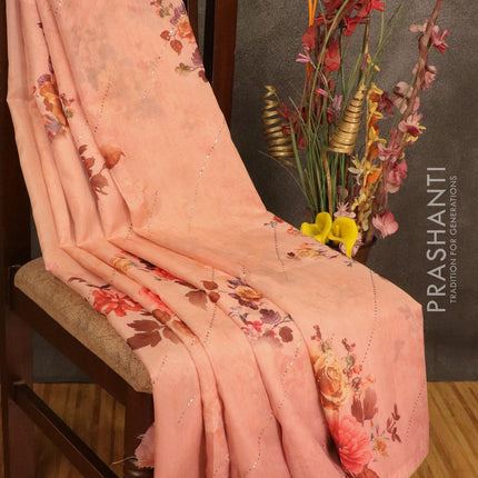 Semi organza saree peach shade with allover floral digital prints and gotapatti lace work - IBP10776 - {{ collection.title }} by Prashanti Sarees