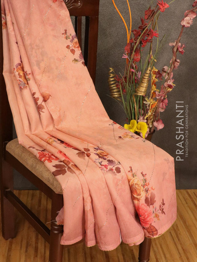 Semi organza saree peach shade with allover floral digital prints and gotapatti lace work - IBP10776 - {{ collection.title }} by Prashanti Sarees