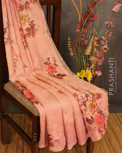 Semi organza saree peach shade with allover floral digital prints and gotapatti lace work - IBP10776 - {{ collection.title }} by Prashanti Sarees