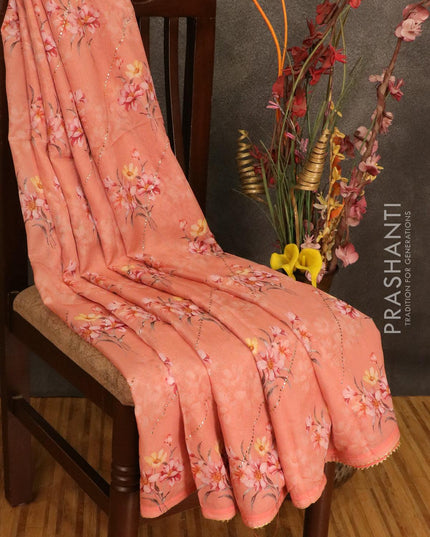 Semi organza saree peach shade with allover floral digital prints and gotapatti lace work - IBP10780 - {{ collection.title }} by Prashanti Sarees