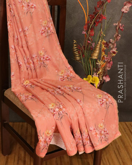 Semi organza saree peach shade with allover floral digital prints and gotapatti lace work - IBP10780 - {{ collection.title }} by Prashanti Sarees