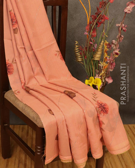 Semi organza saree peach shade with allover floral digital prints and gotapatti lace work - {{ collection.title }} by Prashanti Sarees