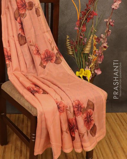 Semi organza saree peach shade with allover floral digital prints and gotapatti lace work - {{ collection.title }} by Prashanti Sarees