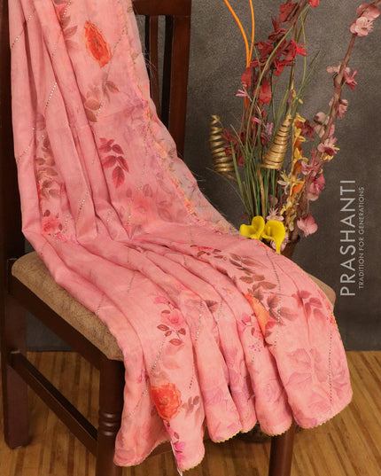 Semi organza saree pink shade with allover floral digital prints and gotapatti lace work - IBP10743 - {{ collection.title }} by Prashanti Sarees