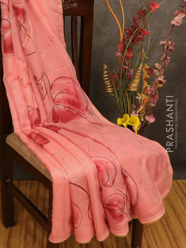 Semi organza saree pink shade with allover floral digital prints and gotapatti lace work - IBP10747 - {{ collection.title }} by Prashanti Sarees