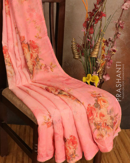 Semi organza saree pink shade with allover floral digital prints and gotapatti lace work - IBP10781 - {{ collection.title }} by Prashanti Sarees