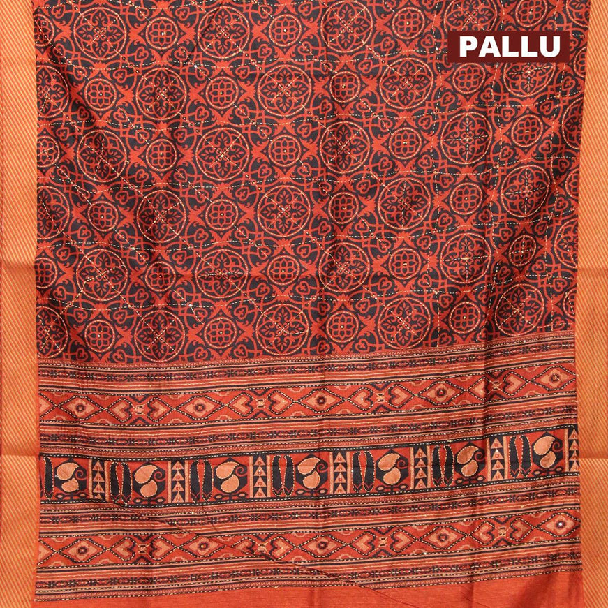 Semi raw silk saree black and rustic orange with allover prints & kantha stitch work and simple zari woven border - {{ collection.title }} by Prashanti Sarees