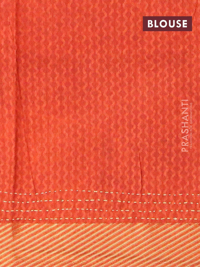 Semi raw silk saree black and rustic orange with allover prints & kantha stitch work and simple zari woven border - {{ collection.title }} by Prashanti Sarees