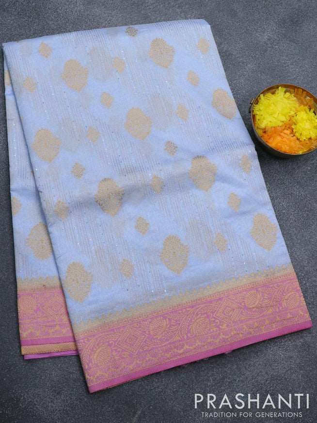 Semi raw silk saree blue shade and pink with allover zari butta sequin work and zari woven border - {{ collection.title }} by Prashanti Sarees