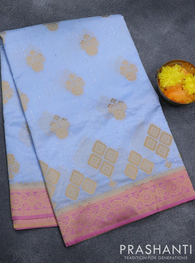 Semi raw silk saree blue shade and pink with allover zari butta sequin work and zari woven border - {{ collection.title }} by Prashanti Sarees