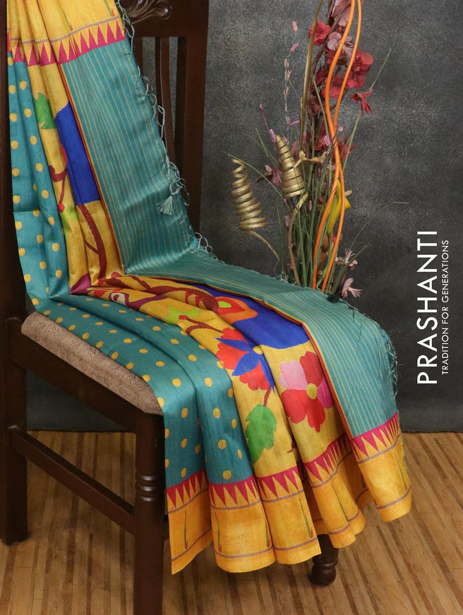 Semi raw silk saree blue shade and yellow with allover prints and paithani border - {{ collection.title }} by Prashanti Sarees