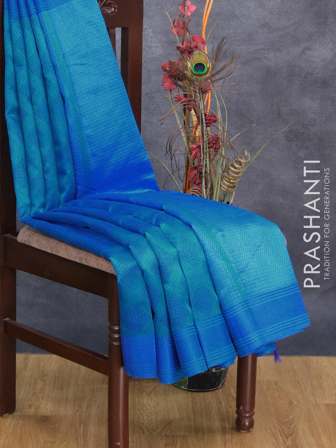 Semi raw silk saree cs blue with geometric butta prints and woven border - {{ collection.title }} by Prashanti Sarees